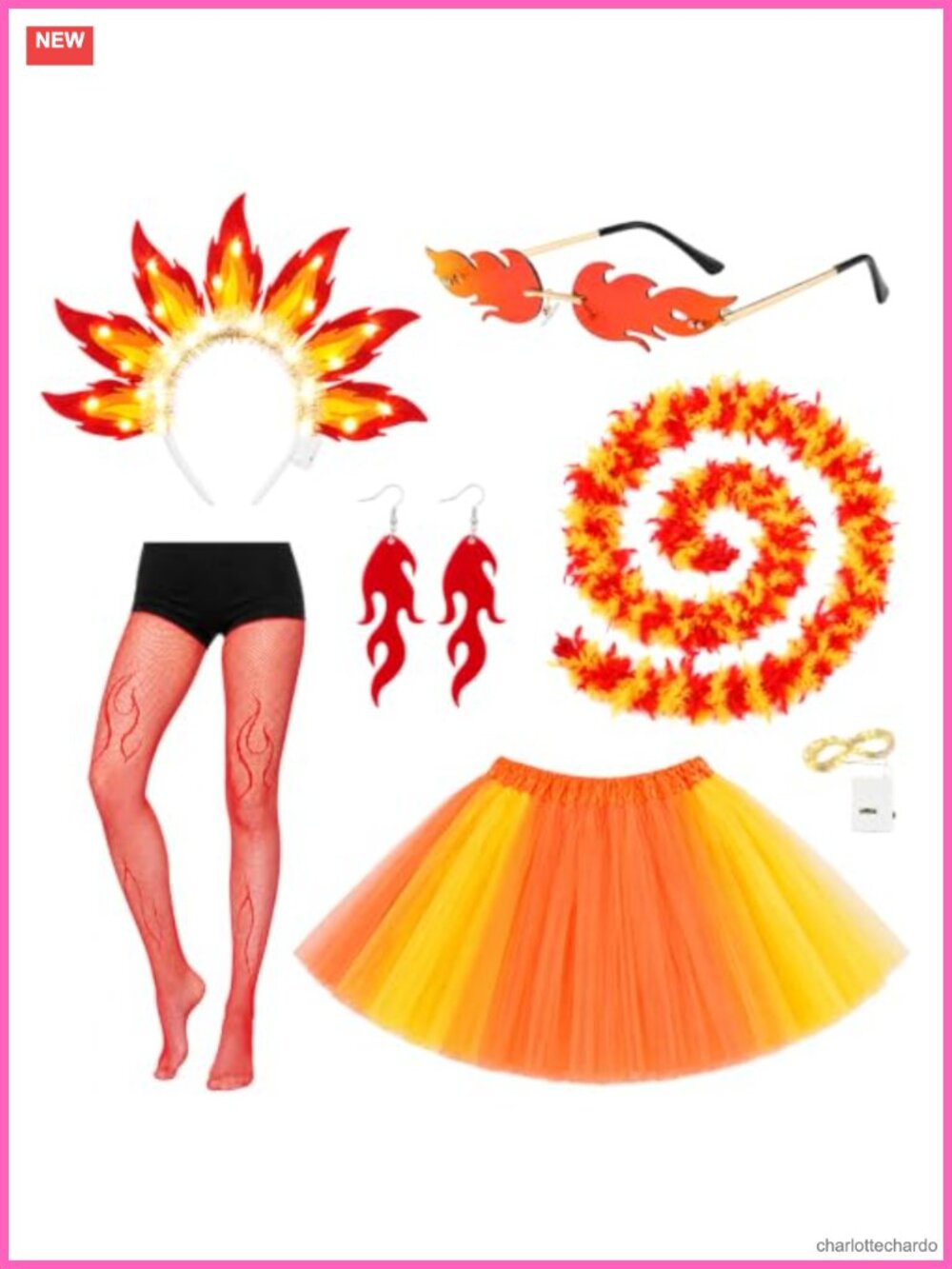 LED Flame Costume Set Halloween Cosplay Tutu Headband Boa Stockings